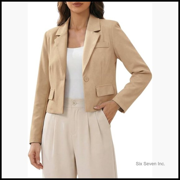 Cropped Blazer Notched Collar Long Sleeve Suit Jacket Business Casual